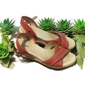 L.L. Bean Salmon Open Toe Leather Espadrille Wedge Sandals‎ Women's Size 9M